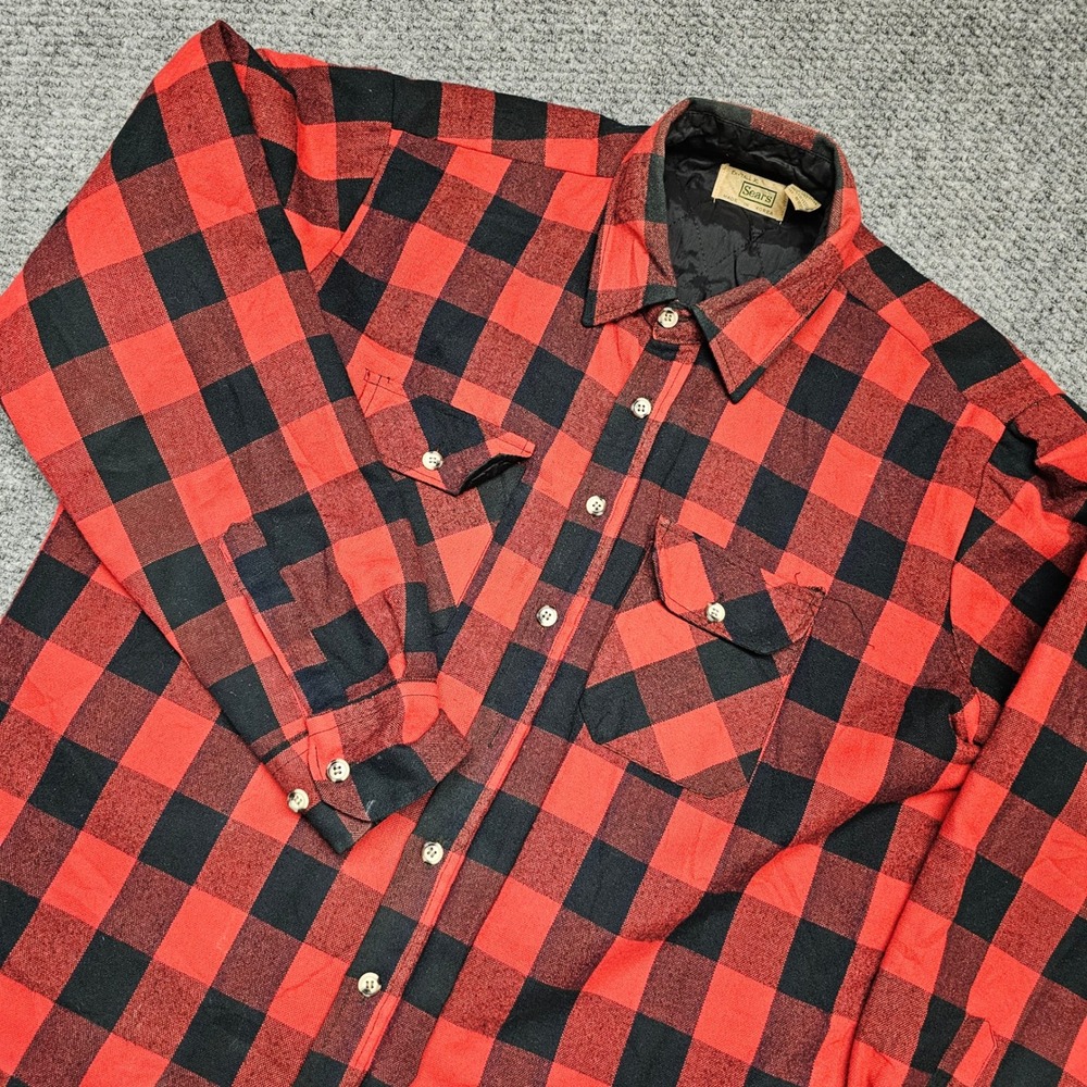 VTG Sears Mens Plaid Red Flannel Quilted Lined Shirt Jacket Extra Tall‎ XL read